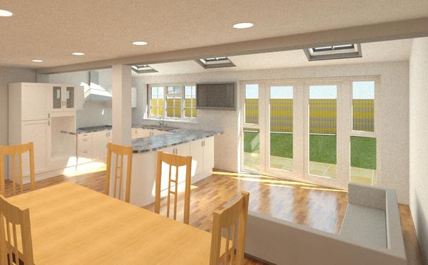 Open plan kitchen/dining but with steel column in middle