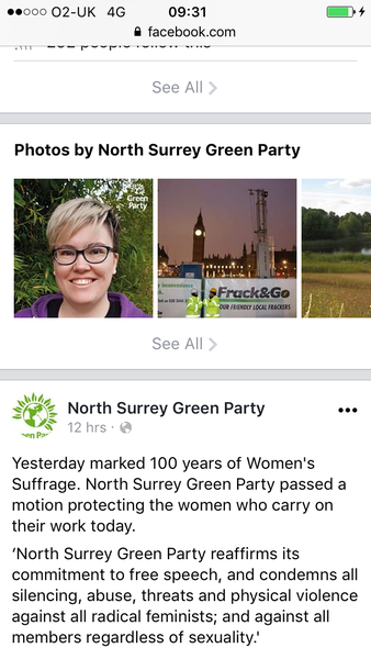 Someone from Green Party speaking up online about freedom of speech for rad fems