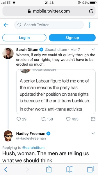 Sarah ditum and Hadley freeman gentle and amusing handing Owen Jones his arse on Twitter