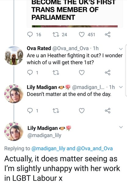 Lily Madigan, the Labour woman's officer, has blocked a transwoman