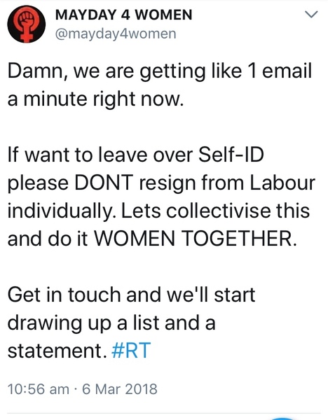 Mayday4Women compiling list of women wishing to resign from Labour over self-ID