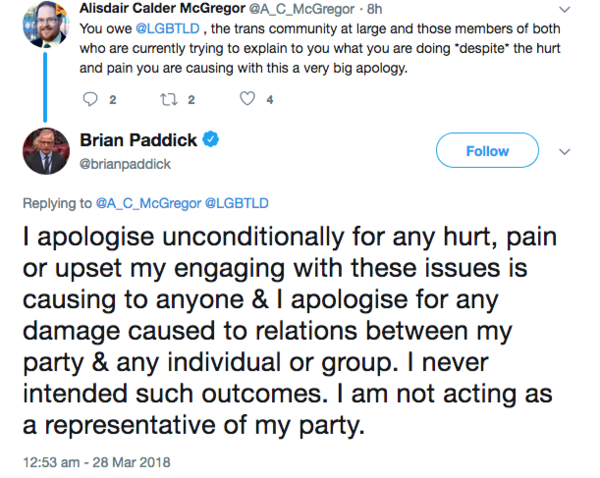 Brian Paddick asking for feminist views on Self Id