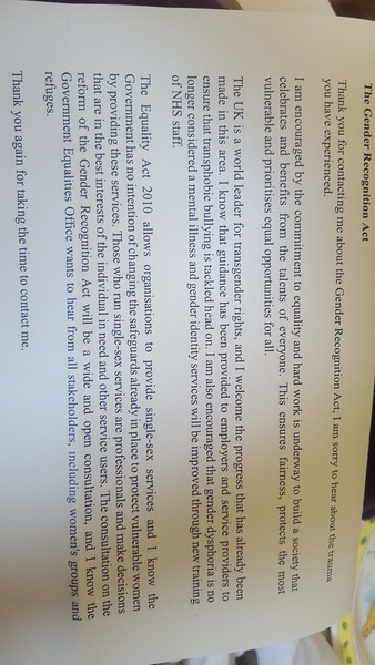 I want to write a letter to my mp about how as a rape survivor i feel about self id