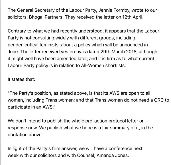 Labour Party confirm that all women shortlists are open to anyone who IDs as a woman