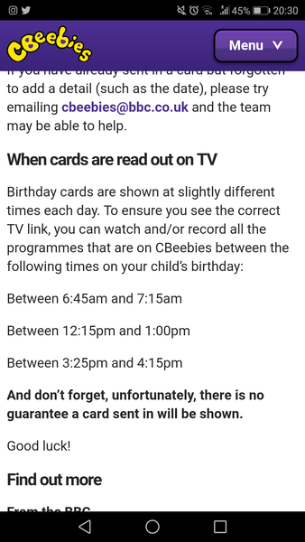 To be a CF and ask if anyone can check when the cbeebies birthday cards times are?