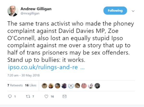 Andrew Gilligan  'Latest bullying transgender complaint.. swiftly rejected by parliamentary standards committee'