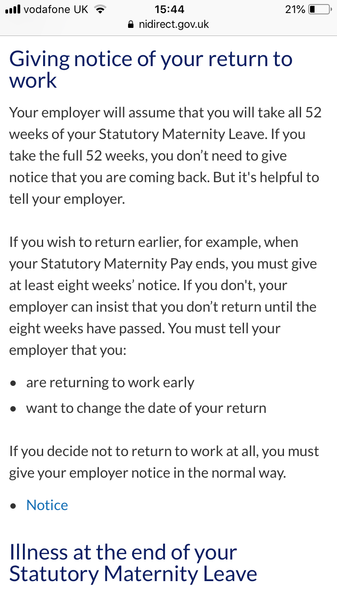 Returning to work after mat leave, notice question.