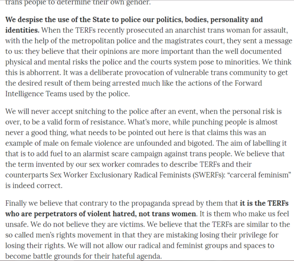 Strong words from feminists unhappy with trans exclusionary ideology..