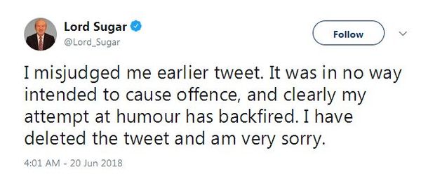To think Lord Sugar should be sacked from the BBC for his tweet?