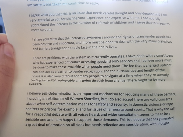 Response from my female Labour MP supporting the demands of A Woman's Place