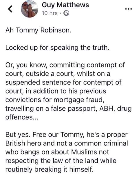 To think what happened to Tommy Robinson was wrong