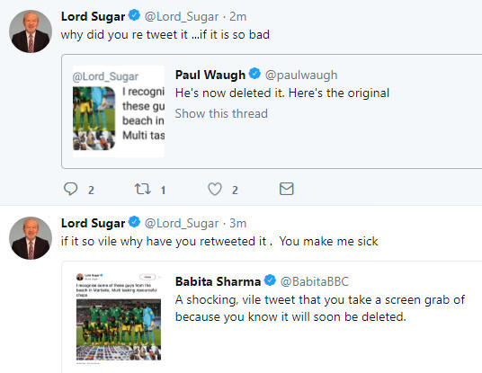 To think Lord Sugar should be sacked from the BBC for his tweet?