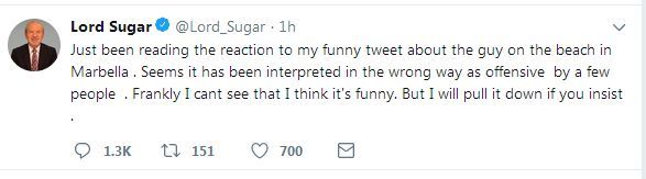 To think Lord Sugar should be sacked from the BBC for his tweet?