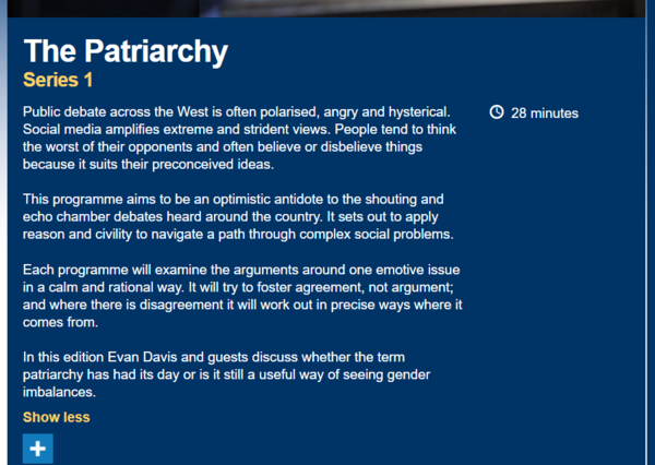BBC R4 Thursday - Sweet Reason discusses 'The Patriarchy'