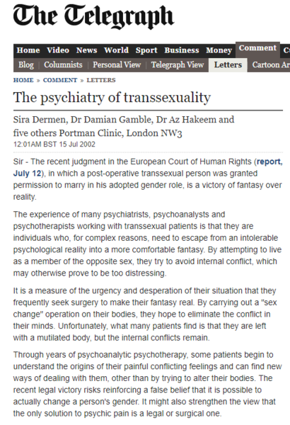 This is what the Portman Clinic had to say about Gender Transition in 2002