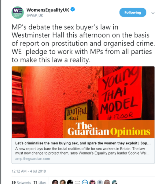 Important debate in Westminster this afternoon about sexual exploitation and prostitution websites and