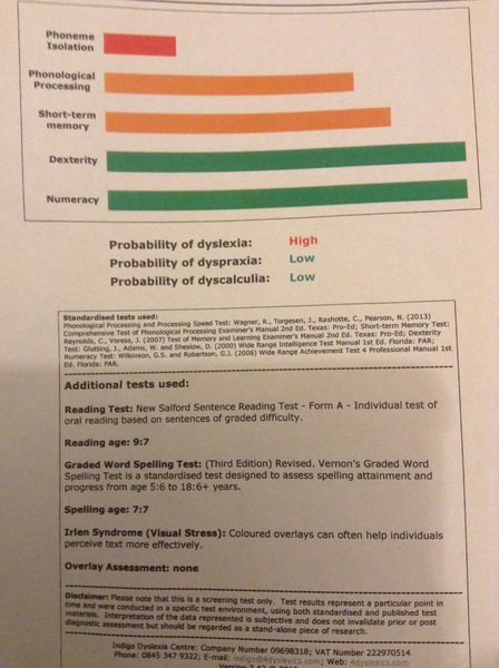 Possible dyslexia diagnosis