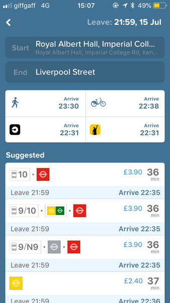 Advice on journey time from R. Albert Hall to Liverpool Street