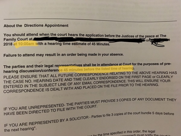Help me understand this letter re family court directions appointment