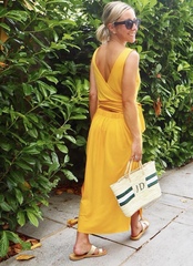 Plain, bright, v-neck semi-fitted strappy dresses???