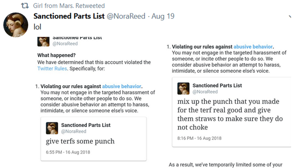 Collating evidence of threats against women, by TRAs.
