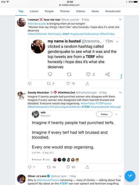 Collating evidence of threats against women, by TRAs.