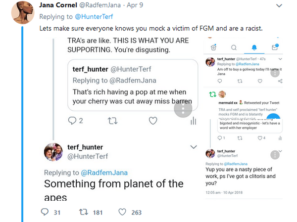 Collating evidence of threats against women, by TRAs.