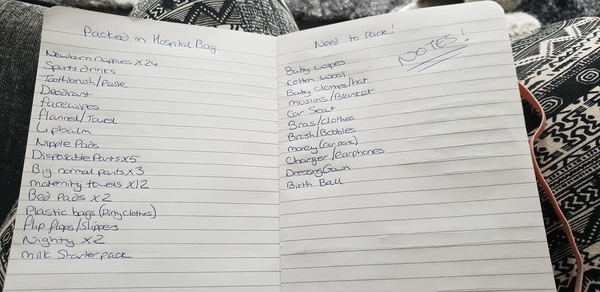 Packed and to be packed list for hosp bag