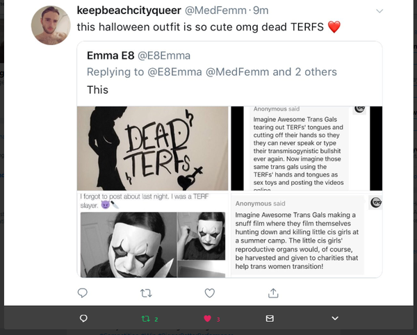 Collating evidence of threats against women, by TRAs.