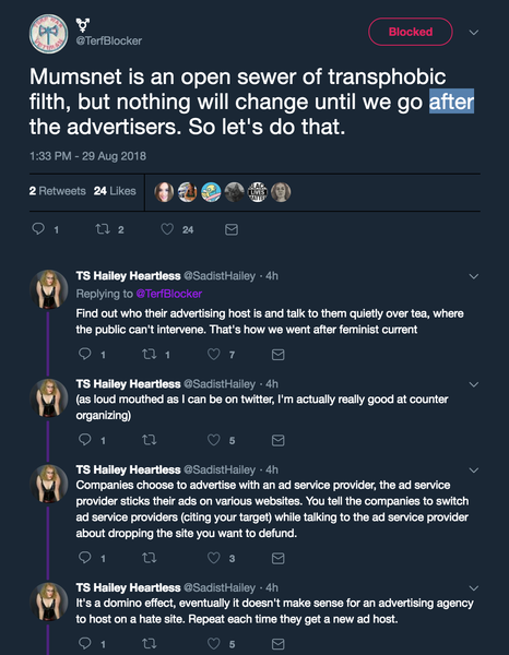 TERFblocker inciting TAs to 'go after the advertisers'