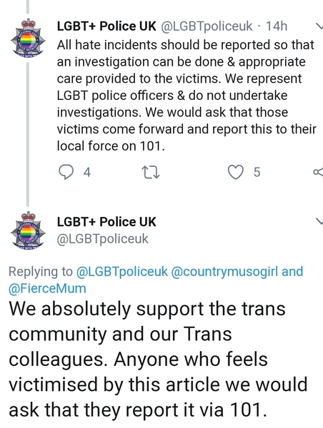 UK police telling people who identify as trans that if they feel victimised by a Daily Mail article they should call 101 to report it.