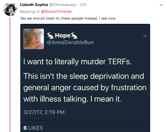 Collating evidence of threats against women, by TRAs.
