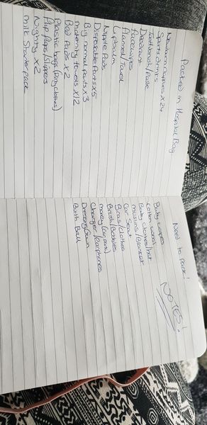 Packed and to be packed list for hosp bag