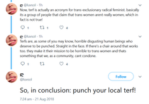 Collating evidence of threats against women, by TRAs.