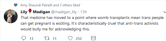 Lily Madigan again. UK Woman's Officer thinks transwomen can get pregnant now.