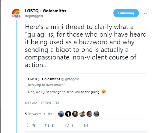 Goldsmiths LGBT society says feminists should be sent to a gulag.