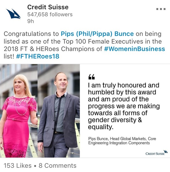 Man in Dress listed as Top 100 FEMALE Executives