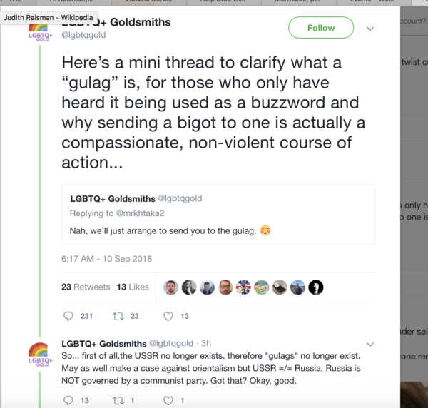 Goldsmiths LGBT society says feminists should be sent to a gulag.