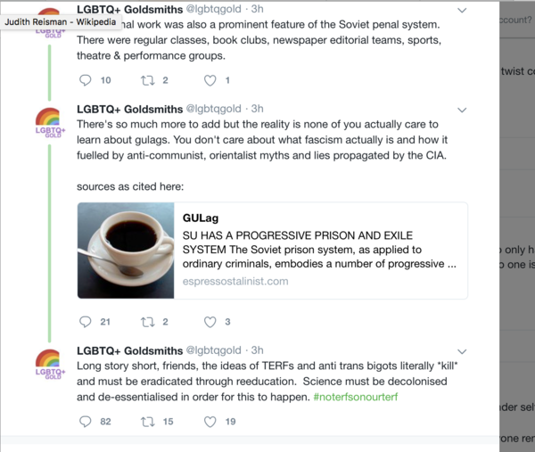 Goldsmiths LGBT society says feminists should be sent to a gulag.