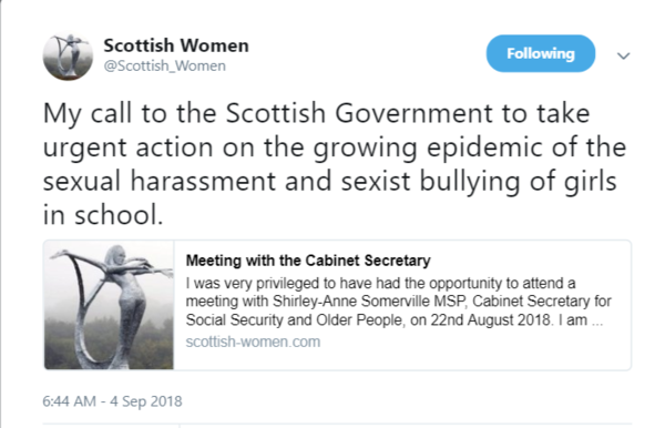 Scottish Women statement on positive meeting with Shirley-Anne Somerville MSP, Cabinet Secretary on the 'growing epidemic of the sexual harassment and sexist bullying of girls in school'