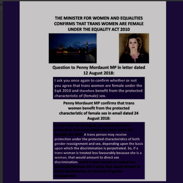 Trans Women are Women for Equality Act 2010 purposes (Penny Mordaunt MP)