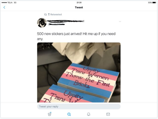 Counter stickers where trans women say they will throw bricks!