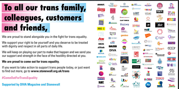 Which companies, charities and public organisations are supporting Stonewall's position?