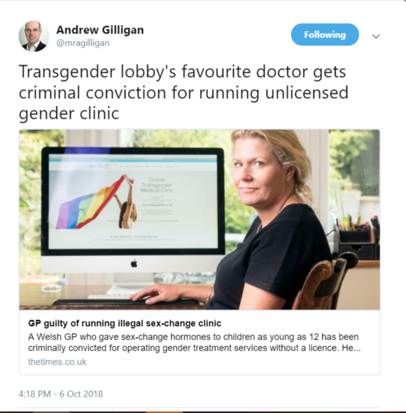 Contrast to BBC reporting on Helen Webberley. Times: 'GP guilty of running illegal sex-change clinic'