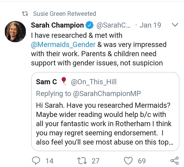 Sarah Champion says she has met parents who have been given a choice of drugs to make their child a boy or a girl