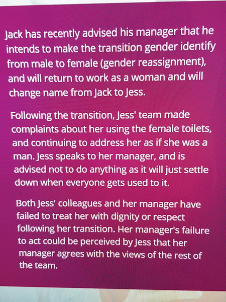 Online discrimination training at work. Don't upset the transgender person.....but what about women?