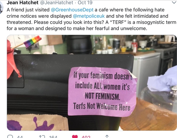 Cafe in Deptford banning women who say things they don’t like.