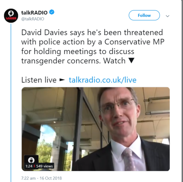 David Davies MP speaks out about harrassment, calls for stop to GRA reform & urgent review involving women's groups.