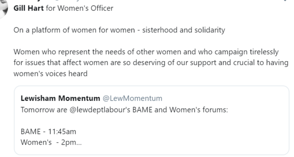 Thain Parnell article,  'Cast a vote for women. Vote for Gill Hart to become Labour Lewisham Deptford’s new Women’s Officer.'