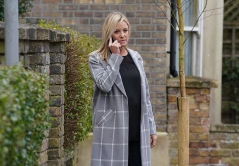 Mel Owen's grey check coat in Eastenders